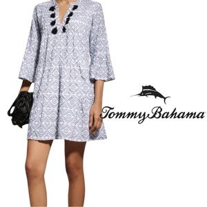 Tommy Bahama Blue White Diamond Jacquard Tassel Tiered Mini Dress S No Tag